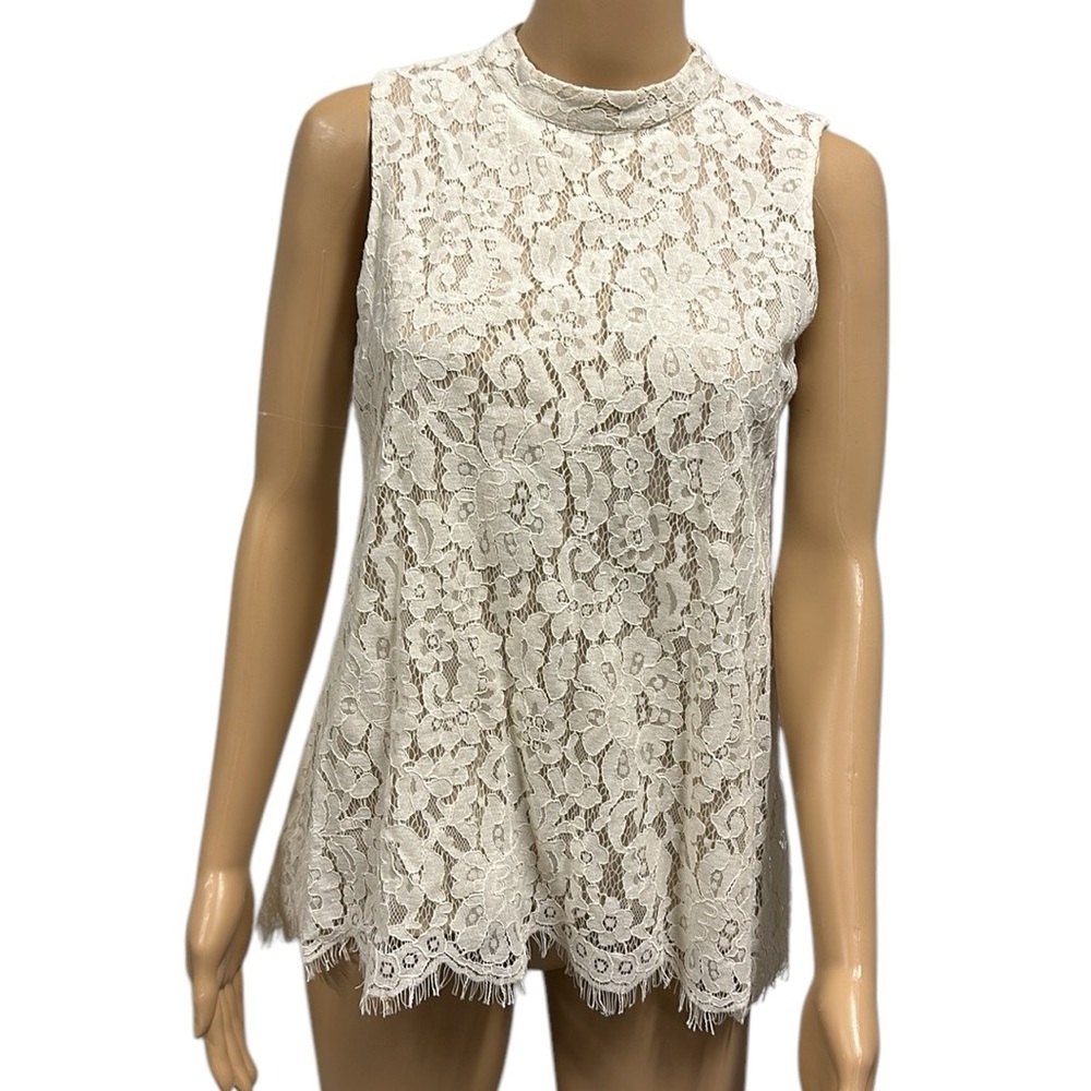 Rose + Olive Cream Sleeveless High Neck Lace Overlay Keyhole Back Top Blouse S